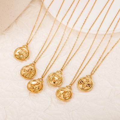 Versatile Temperament Jewelry Relief Twelve Zodiac Round Pendant Titanium Steel Necklace for Women