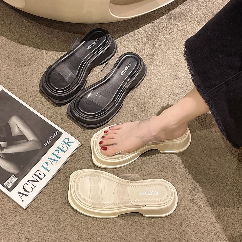 thick-soled French half-drag small cool slippers fairy shoes summer wear 2025 new wedge heel transparent belt sandals