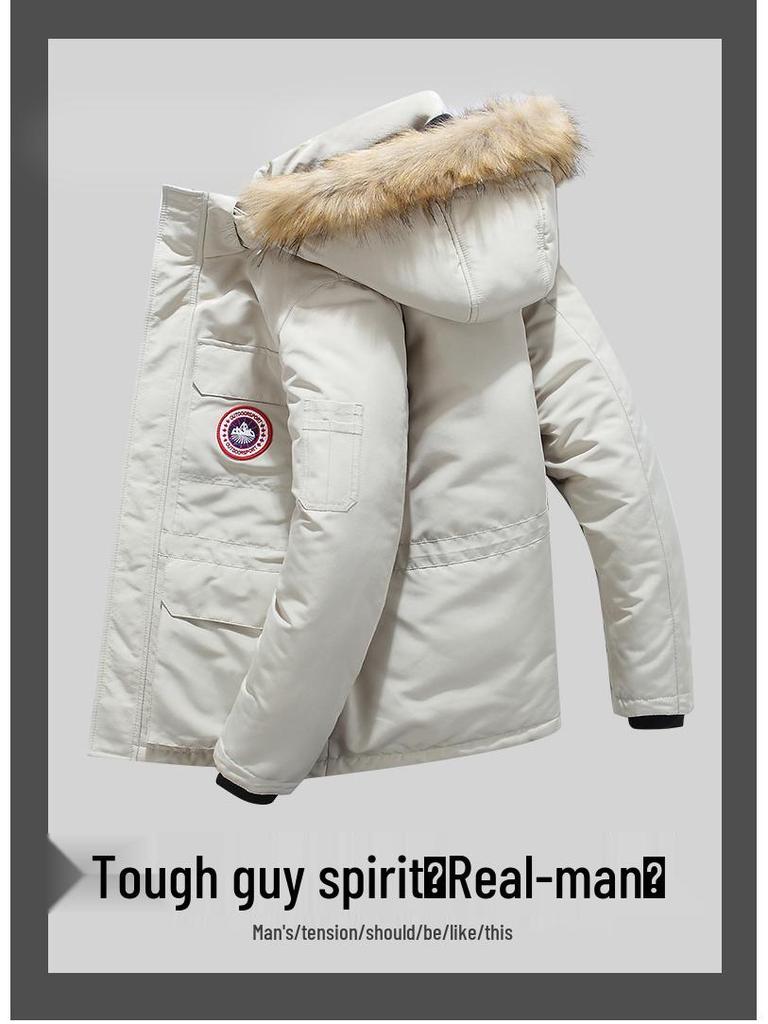 Men's Mid-Length Cotton Jacket with Fur Collar - Warm, Hooded, Windproof, Fashionable Outerwear