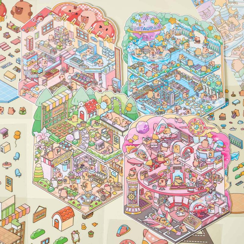 Cute 3D Scene Stickers, Whimsical Cartoon-Themed 3D Designs for Hand Account Decoration & DIY Crafts