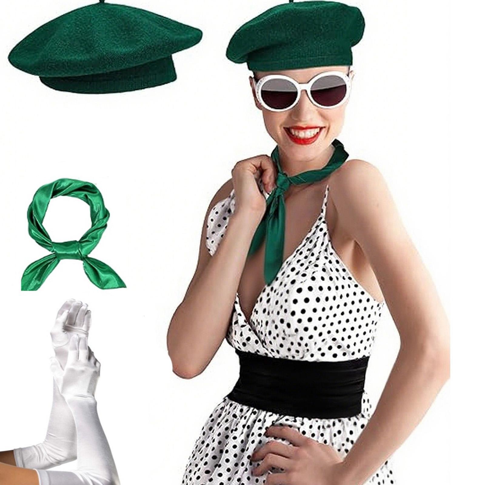 

Women s French Theme Halloween Accessories Set Wool Beret Hat Satins Scarf and Long Gloves Costume Party Outfit белый
