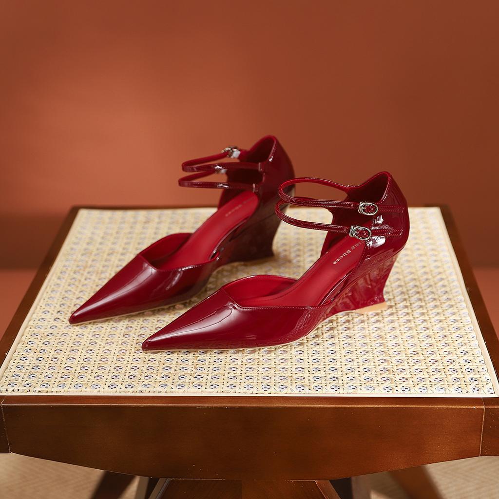 339-1 Pointed Wedge Heel Single Shoes Autumn New Pointed Head Light Mouth Silver Heightening Soft Sole Thin Strap High Heel Single Shoes Women