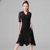 Ropa de Baile Latino para Mujer Disfraz de Line Dance Vestido Negro para Mujeres Adultas Danza Avanzada Práctica Profesional Vestido con Escote en V de Samba