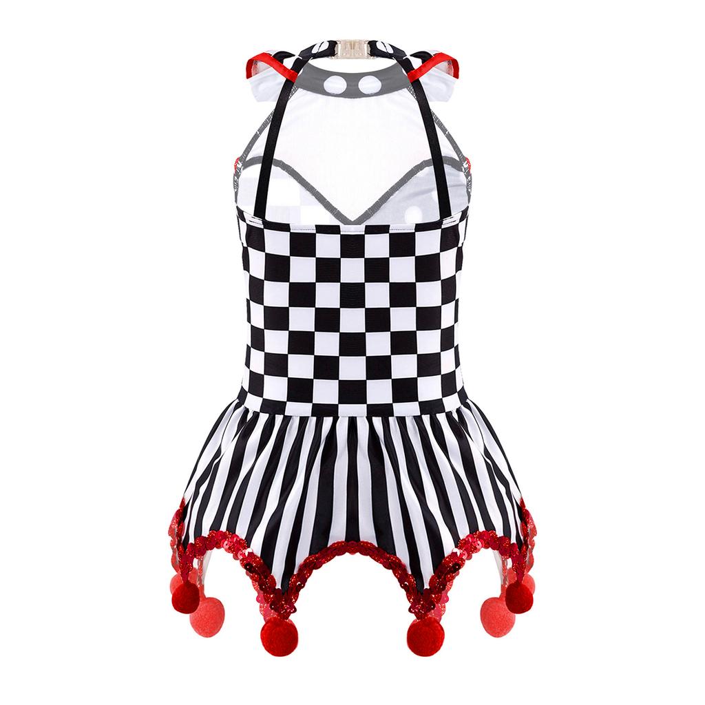 Girls Circus Clown Costume Halter Neck Sleeveless Plaid Polka Dots Stripes Print Sequins Pompoms Dress