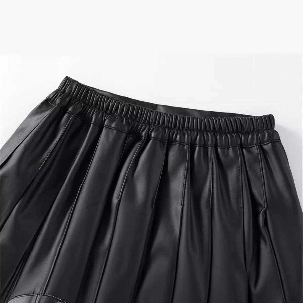 Girl's High-Waist Black PU Pleated A-Line Skirt with Pants for Autumn/Winter