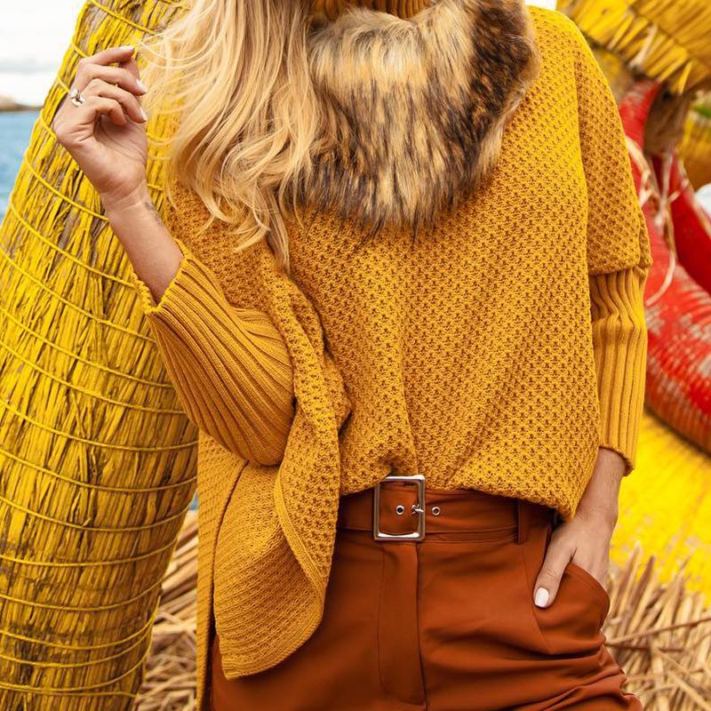 2024 Women's High-Neck Batwing Sleeve Knit Sweater for Autumn and Winter