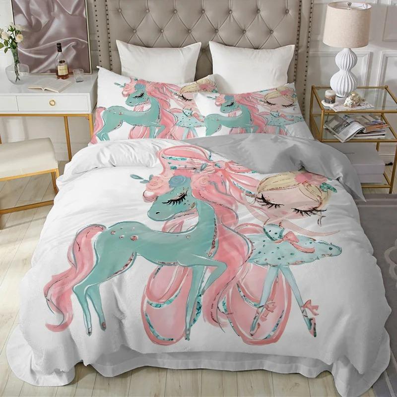 Rainbow Unicorn Cartoon Bedding Set Set 100% Polyester 3D Digital Printing Set Quilt Cover Pillowcase Soft Set Children Gift