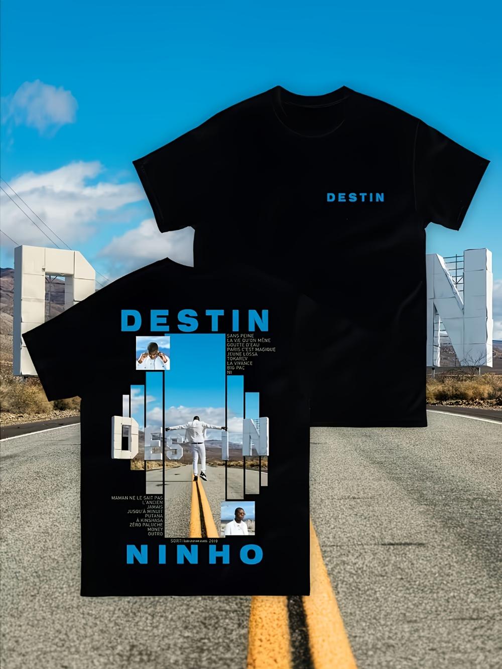 

Mens black Destin movie poster Tshirt Fashion with Ninho lettering and a road scene Suitable for all seasons and menwomen 4XL