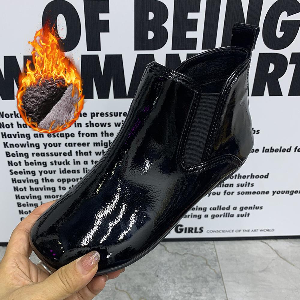 Fashion Women Boots Patent Leather Ankel Boots Warm Fur Snow Boots Waterproof Antislip Casual Women Shoes Plush Flat Boots