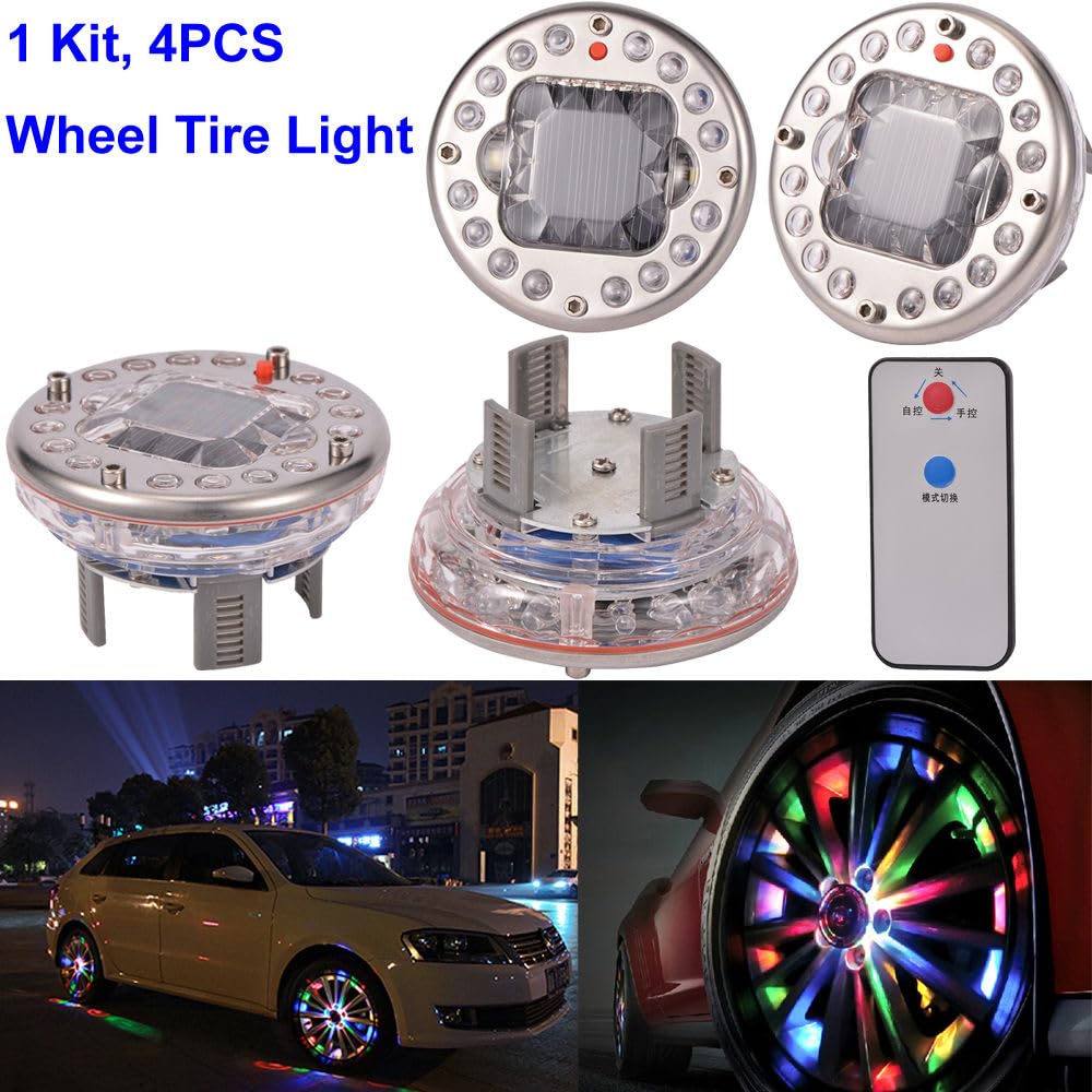 4Pcs Car Tire Wheel RGB Solar Energy Hub Lamp Cap Lights for and Bicycles Lights, Vehicles, Motorcycles,