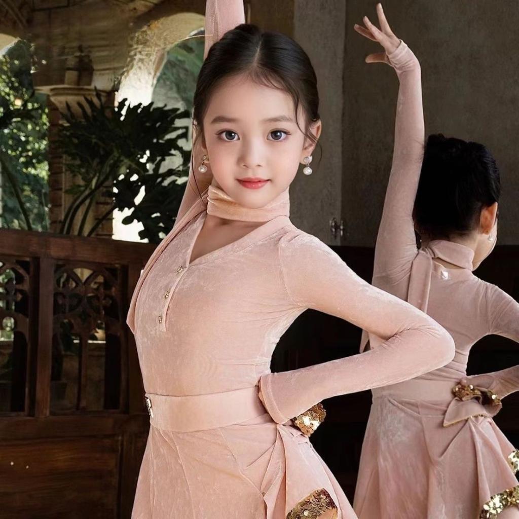 Latin dance clothing women latin american dance dress pink long sleeve girl stage costume velvet line dance clothing dance wear