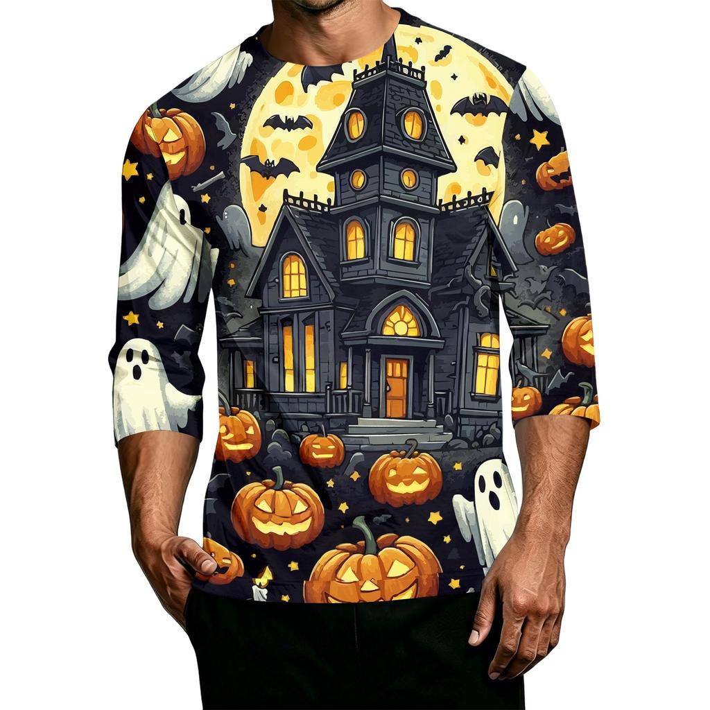 Men's Casual Halloween Print Crew Neck T-Shirt Three Quarter Sleeve Top Lightweight Comfortable Fit for Daily Wear