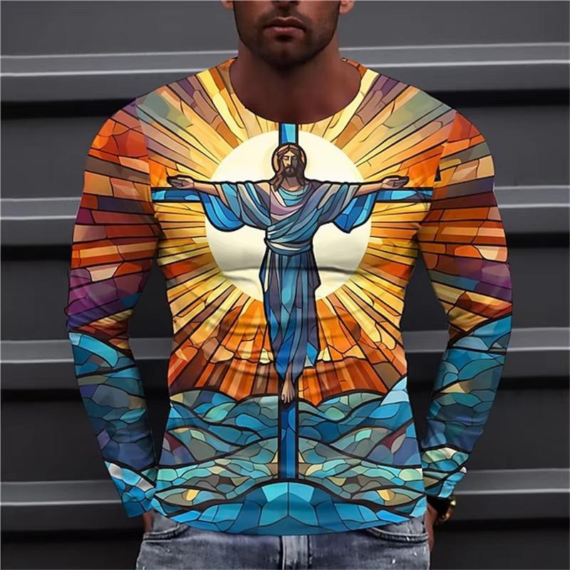 Spring and Autumn 3D Printing Virgin Mary Men's T-shirts Christian Round neck Long Sleeved Casual Tops