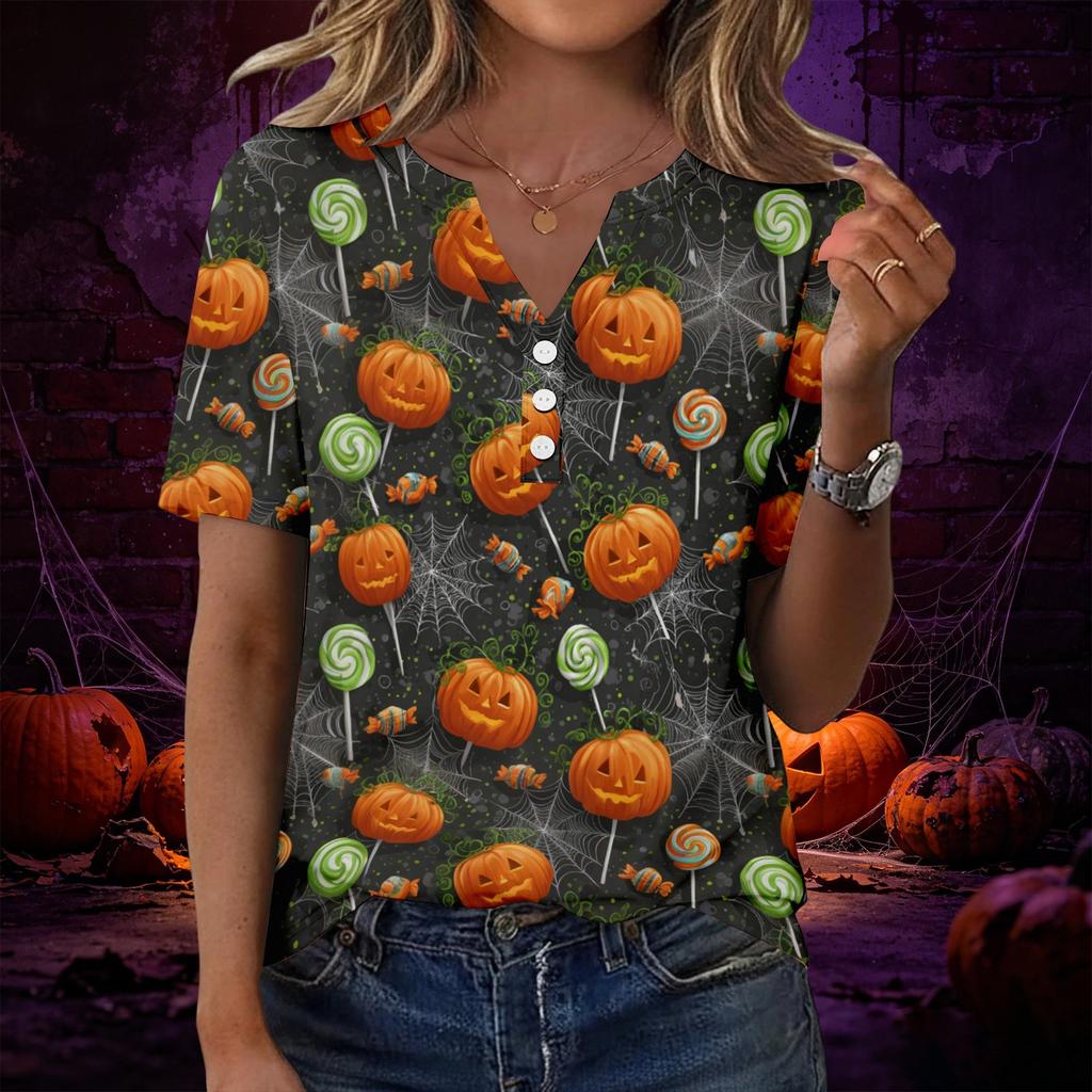 Women V Neck Short Sleeve T Shirt with Decorative Buttons Halloween Pumpkin Printed Casual Loose Fit Top for Daily Wear