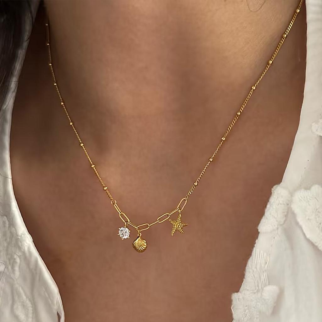 Ocean Themed Titanium Steel Collarbone Necklace With Starfish Shell Zircon Pendant Small Design Long Lasting