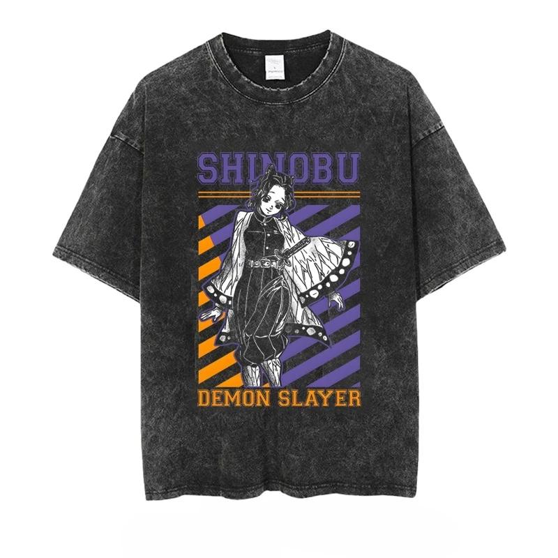 Men's T-shirt Anime Demon Slayer Printed Washed Vintage Loose Fit Women's Short-sleeved Tee Oversized Gym Y2k Clothes Top Summer