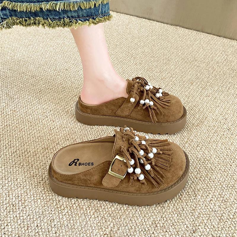 Women's Fashion Baotou Slippers Spring New Suede Round Head Deep Mouth Thick Anti-slip Wear-resistant Flat Shoes