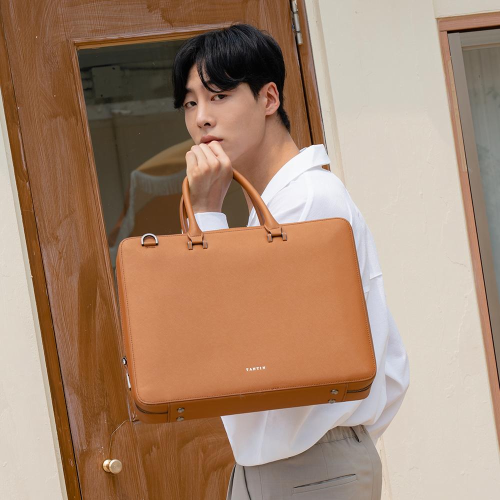 Tantin Noble Briefcase Cowhide Document Bag T13807 Tan
