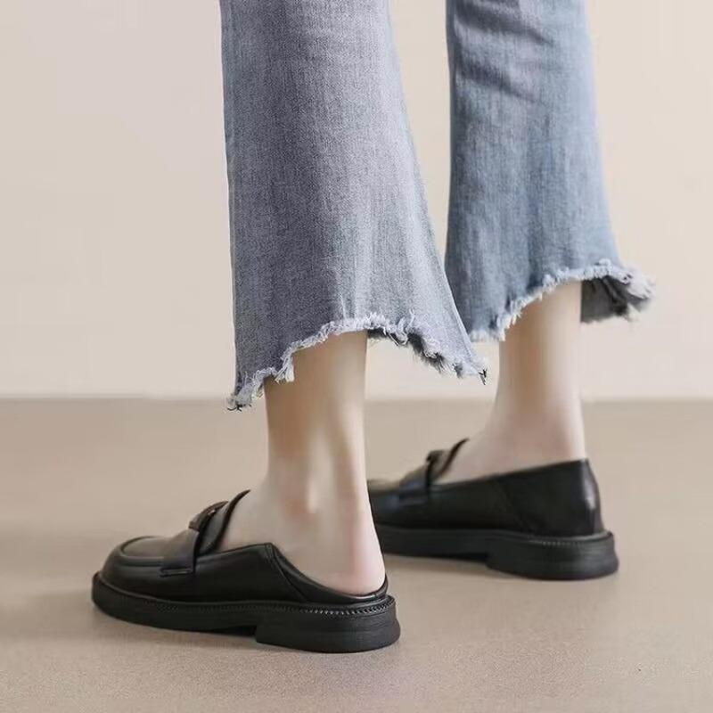 Women Flat Shoes Soft Sole Soft Surface Black Oversized Summer Round Toe Low Heel British Casual Leather