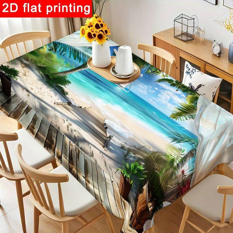 1pc Tropical Beach Tablecloth - Serene Ocean View Polyester Table Cover, Reusable & Easy to Clean for Beach Parties, Summer Gatherings, Indoor & Outdo