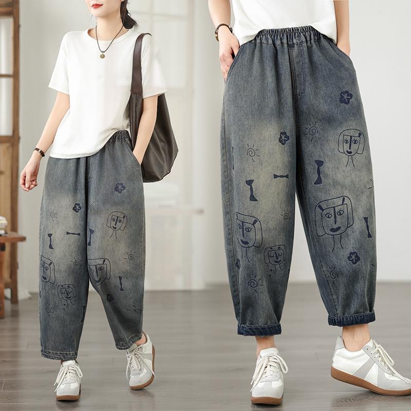 DIMANAF 2026 Summer New Plus Size Women Jeans Elastic Waist Print Long Pants Loose Casual Denim Cotton Trousers Pants