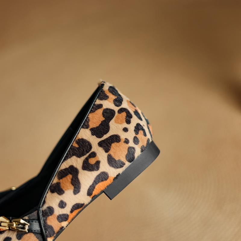Fashion Women's New Leather, Cowhide, Leopard Print Square Head Metal Belt Buckle, Comfortable Low Heel Mary Jane Shoes, Fashion Single