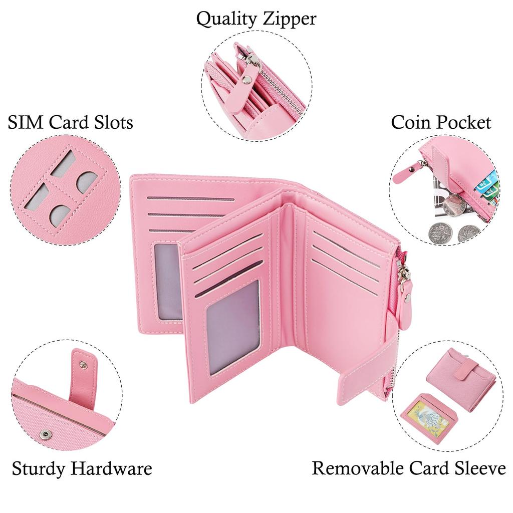 Bakurok Women's Small Wallet, Vegan Leather, Bifold, Compact, RFID Blocking, with Zipper Coin Pocket and Removable ID Window, F07-White, Modern Design