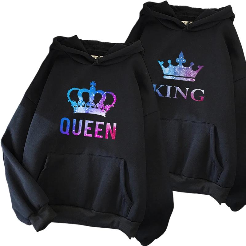 Queen King Print Sweatshirts Couples Daily Casual Sporty Hooded Long Sleeve Pullover Woman Men Home Outdoor Comfort Warm Hoodies