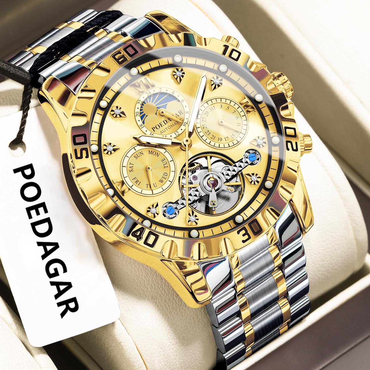 

POEDAGAR Military Luxury Men Clock Mechanical Waterproof Watch Hollow Tourbillon Automatic Stainless Steel Watches+Box