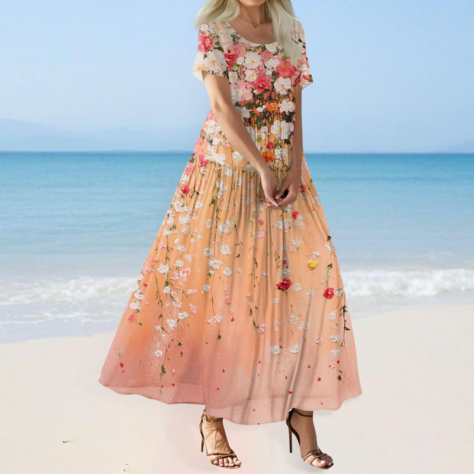 

Женское летнее повседневное платье макси с цветочным принтом, короткими рукавами, круглым вырезом, высокой талией, многослойным струящимся бохо-платьем XXL