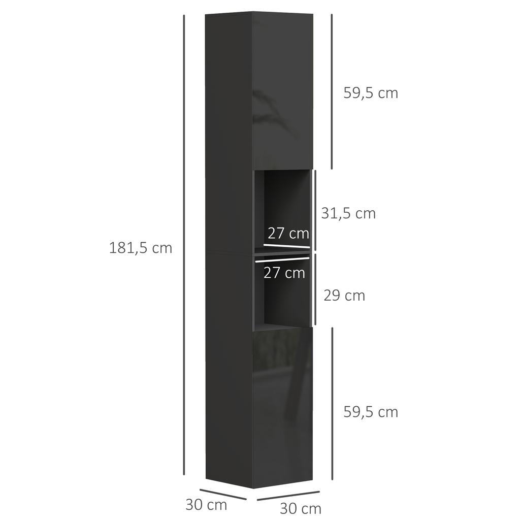 Bathroom Column Cabinet, 2 Cupboards, Adjustable Shelves, 2 Niches, 30 x 30 x 181.5 cm, Black
