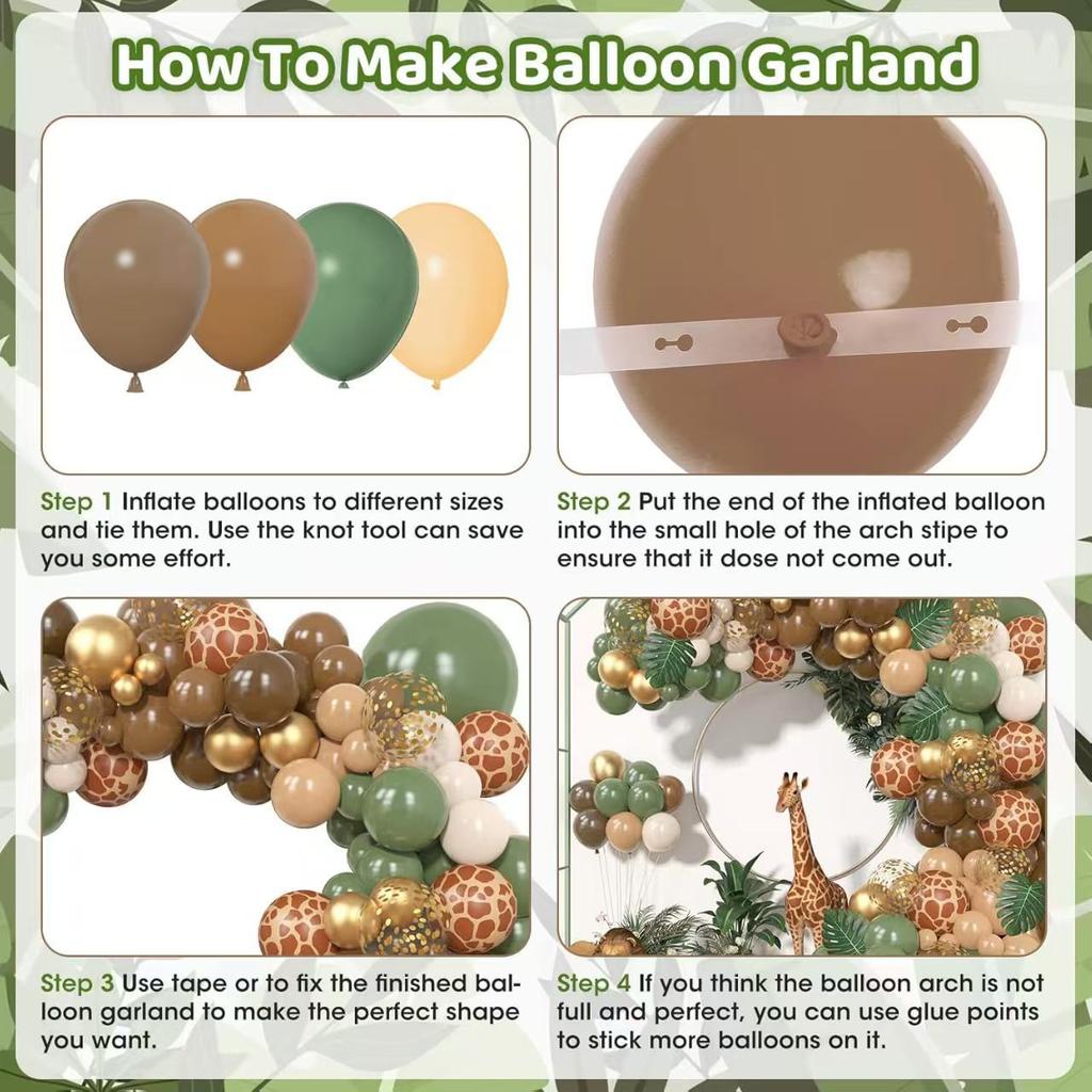 170-Piece Jungle Balloon Wreath Set, Baby Shower Decoration Grey Green Brown And Animal Printed Balloon Brown