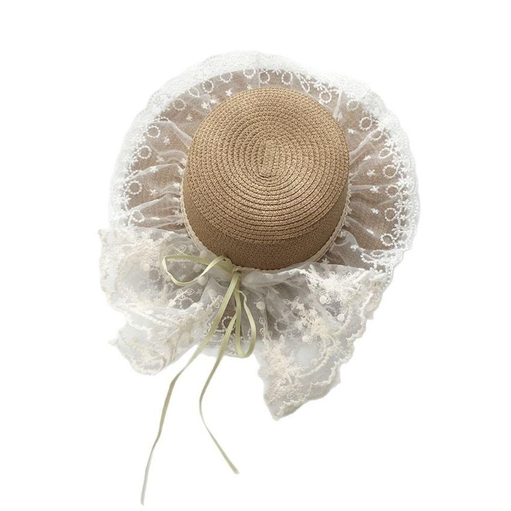 Fisherman Cap Lace Bow Sun Hat Adjustable Breathable Straw Beach Hat Lace Ruffle Wide Brim Hat Summer Beach