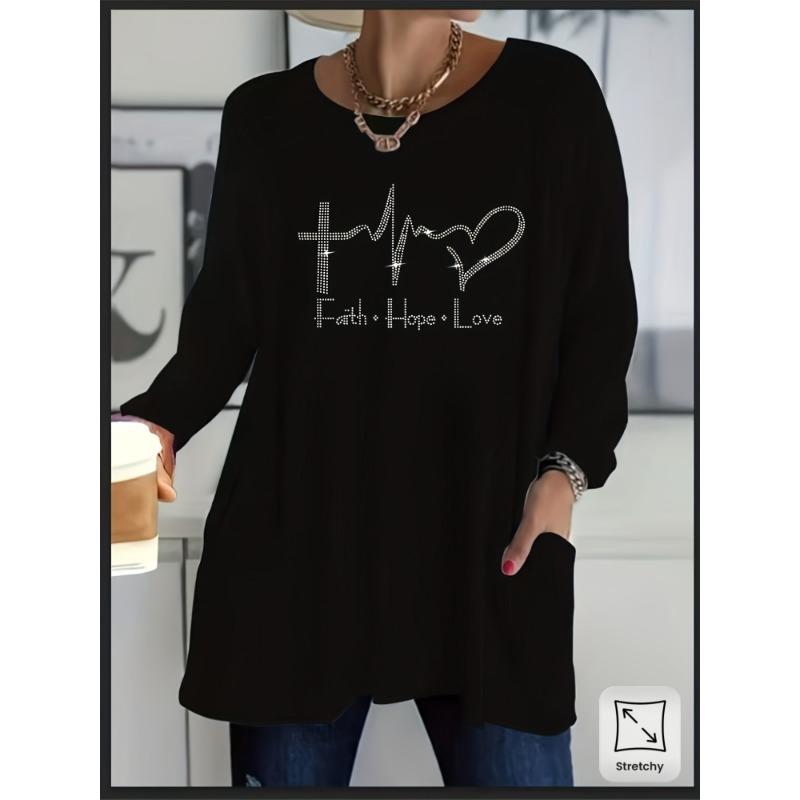 Plus Size Women s Casual Long Sleeve T-Shirt - Heart Rhinestone Design, Side Pockets, Stretch Fabric Crew Neck Top S