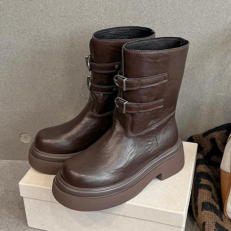 Cowhide~ Martin Boots Women's Autumn and Winter British Women's Leather Boots Thick-soled Versatile Knight Boots Chelsea Short Boots Medium Boots