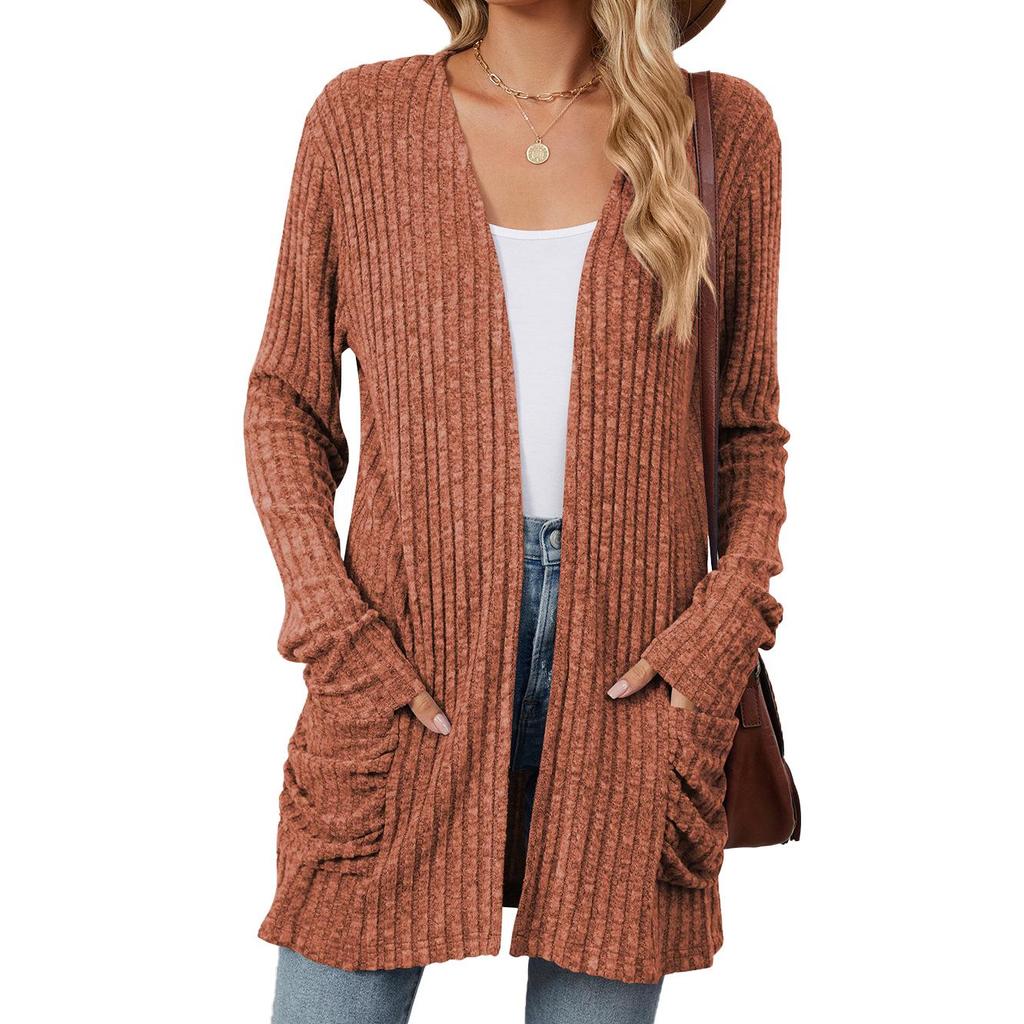 2024 Autumn/Winter Solid Color Long-Sleeve Pocket Cardigan Knitwear