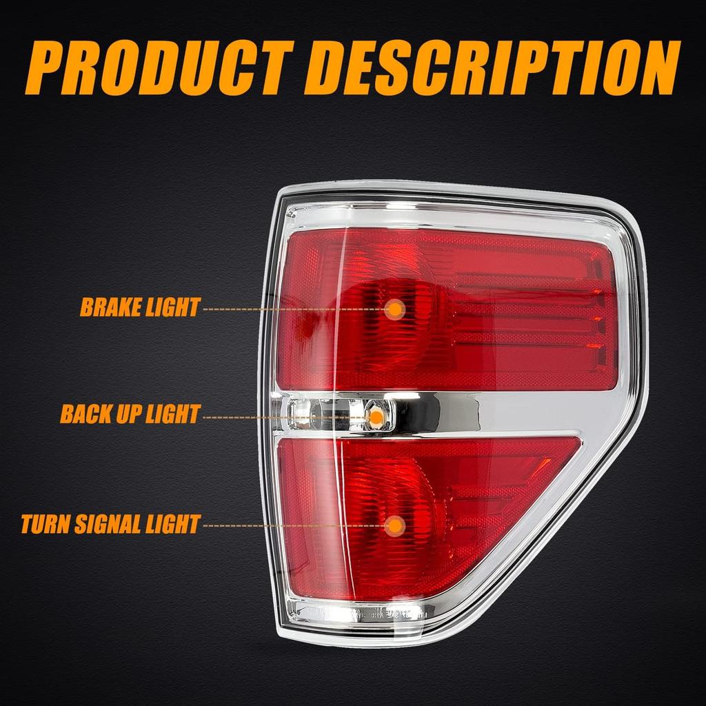 RANSOTO F150 Right Tail Light Compatible With Ford F-150 2009 2010 2011 2012 2013 2014 Chrome Trim Passenger Side