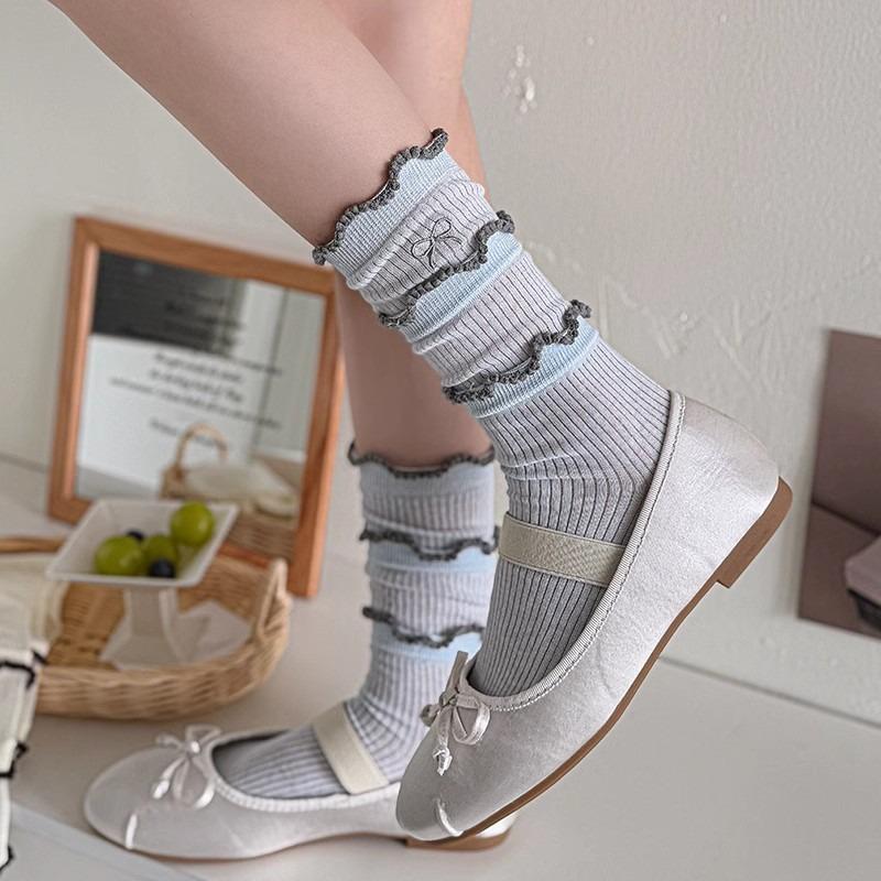 5 Pairs of Women's Summer Thin Breathable Cotton Lace Bow In The Tube Pile Socks