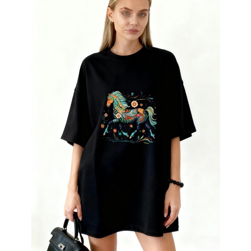 Übergroßes T-Shirt Kleid Schwarz Buntes Pferd Blumenmuster Freizeitkleidung für Damen Sommer-Outfit Streetstyle Mode Top