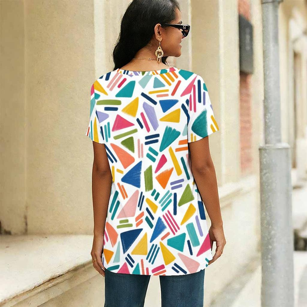 Women Plus Size Round Neck Short Sleeve Colorful Printed Flared T Shirt Curved Hem