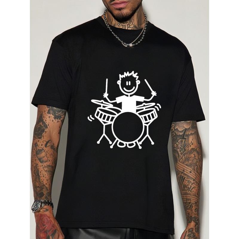 

European sizes Men S Summer Casual Crew Neck T-Shirt with Drummer Print, Regular Fit Short Sleeve Tee for Adults 4XL