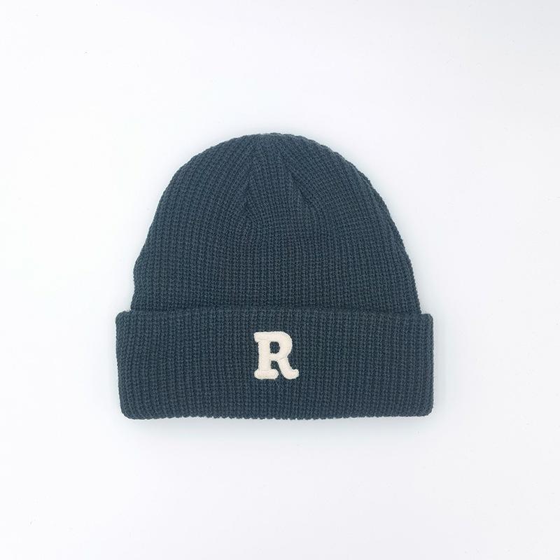 R mark Knitted Hat for Women's Letters In Autumn and Winter Thickened Pure Color Couple Warm Ear Protection Cold Hat for Men's Wool Hat