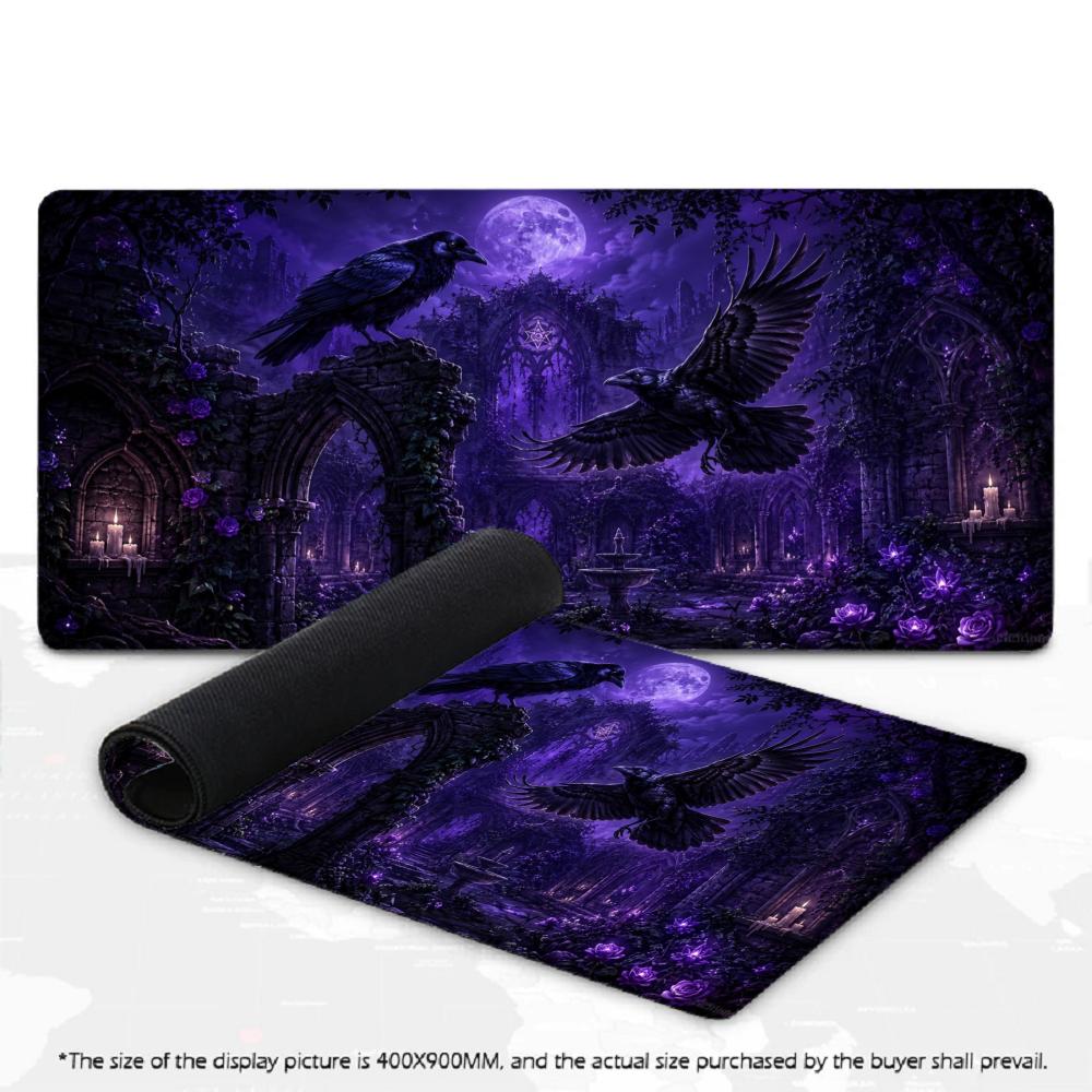 Purple Crystal Raven Gothic Moon Magic Rune XXL Mousepad Dark Witchcraft Deskmat Rubber Overlock Keyboard Gaming Desktop Mat