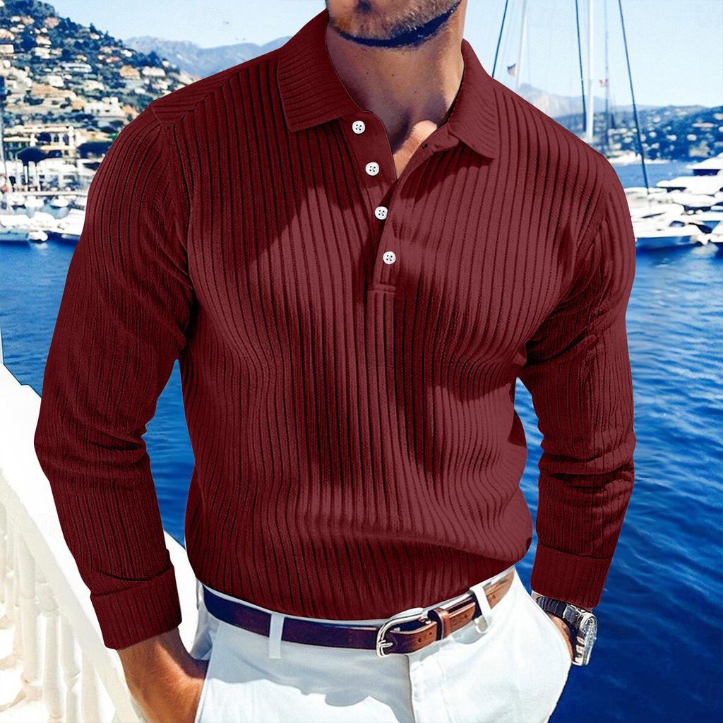 Men's Solid Color Vertical Stripes Sports Button Lapel Long Sleeve Tops Men's Casual Fashion Long Sleeve Tops