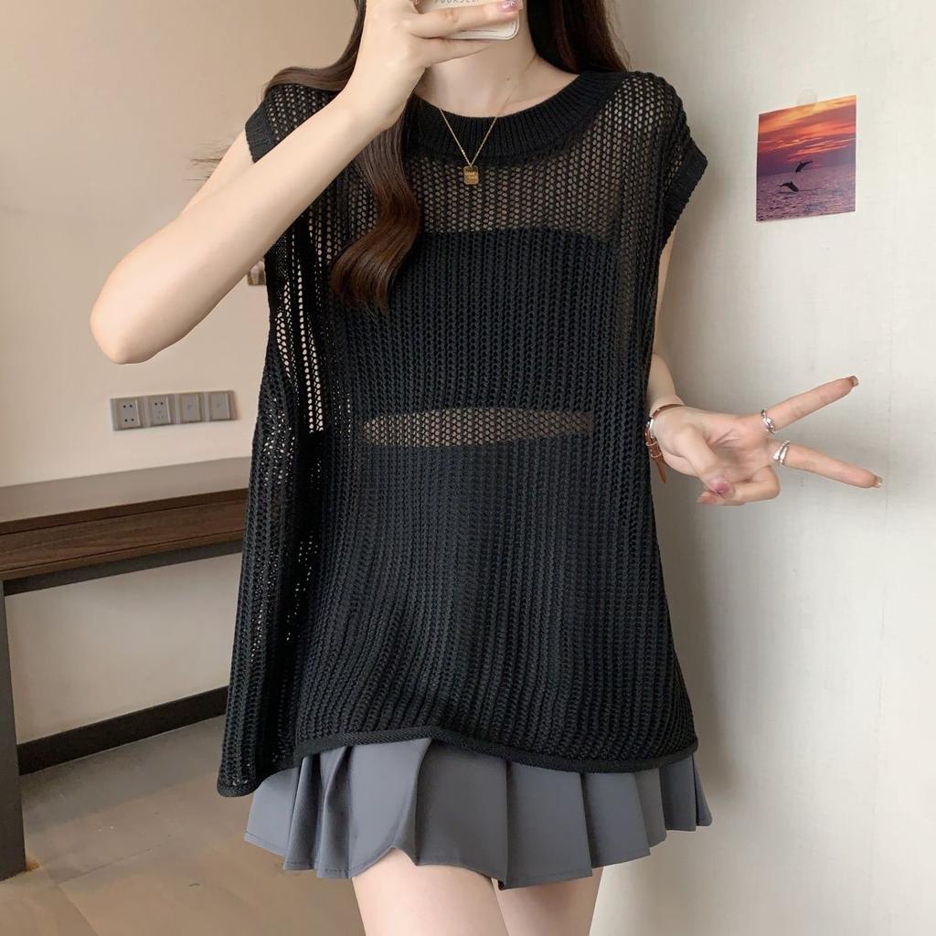 Hollow Knit Vest for Summer Mid To Long Style Paired with Round Neck Sleeveless Vest and Camisole Top for Outerwear