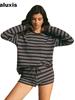 Women's Autumn New Striped Long Sleeve T-Shirt Tie Waist Shorts Casual Two Piece Set