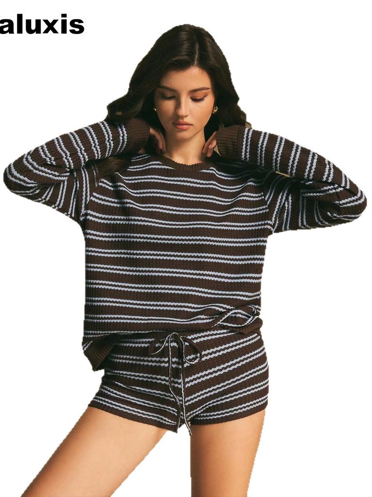 Women's Autumn New Striped Long Sleeve T-Shirt Tie Waist Shorts Casual Two Piece Set