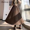 Korean Style Autumn Winter Women Midi Skirt Elastic Waist Black Grey Brown Pleated Skirt Elegant Feminine Ladies' All-Match Skirts