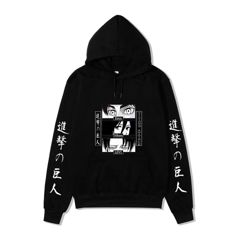 Unisex Attack on Titan Hoodie, Eren Mikasa Levi Anime Eyes Graphic Print Long Sleeve Pullover Hooded Sweatshirt Streetwear