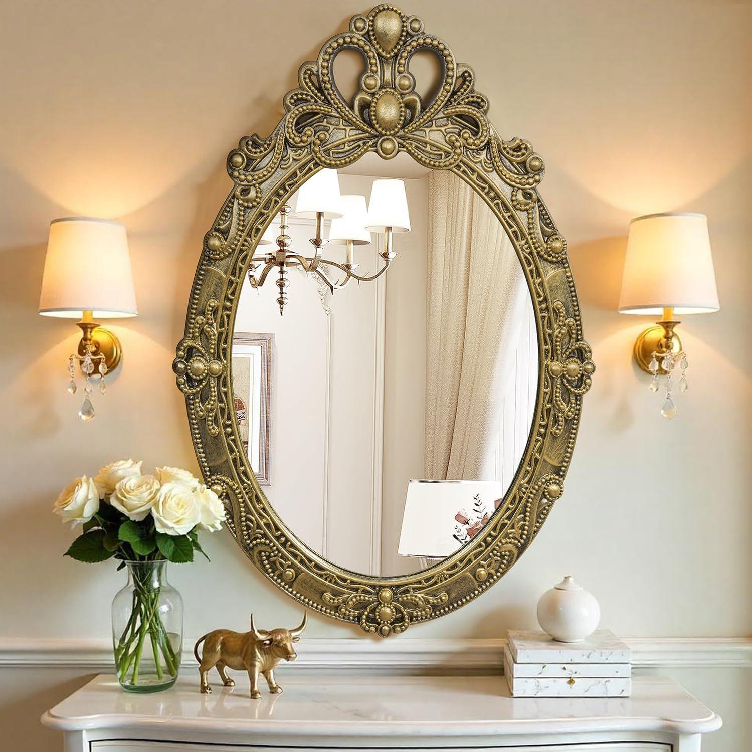 

Настенное зеркало для ванной комнаты с изысканным дизайном, овальной формы, винтажный настенный декор для ванной комнаты, спальни, туалетного столика, прихожей (Черный, Золотой - В 57,5 x Ш 39 см)